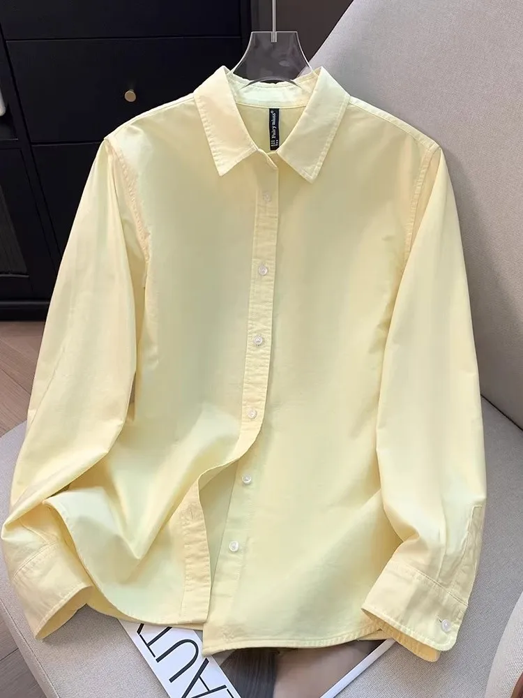 

Fashionable Yellow Long Sleeve Shirt Women's Casual Professional Simple Spring Autumn Flip Collar Trendy Top Korean Style Loo...