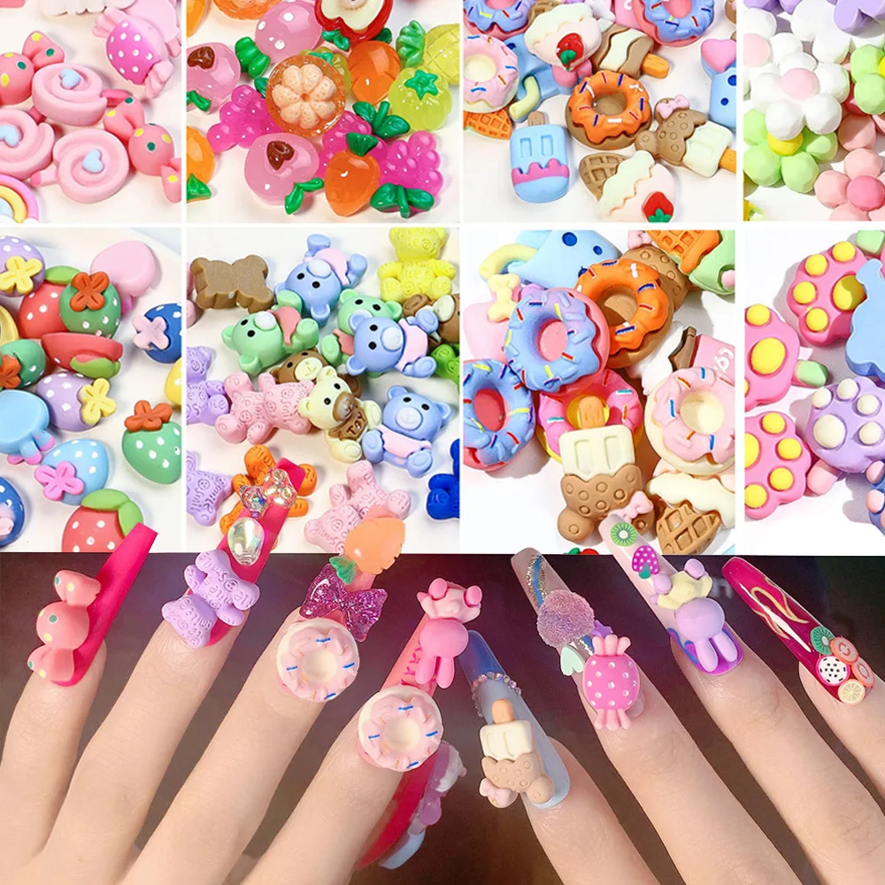 20Pcs Kawaii Resin Nail Art Charms Heart Fruit Animals Jelly Gummy Mix Sweet Candy 3D Nail Designer Decors Nail Art Accessories