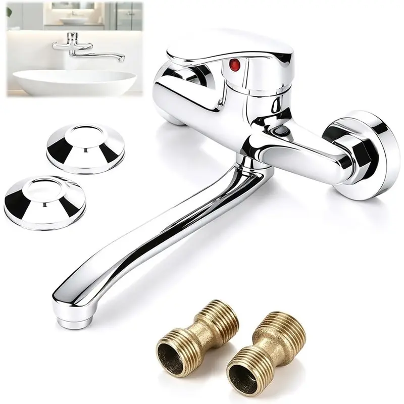 ABUG-Kitchen Wall Tap 360° Rotatable, Single Lever Mixer Tap For Cold/Hot Sink, Wall Mounted Sink Fittings