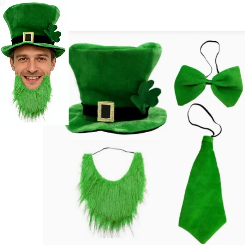 

Комплект для взрослых на День Святого Патрика: шляпа лепрекона с бородой и шарфом, галстук-бабочка и аксессуары для костюма (жилет, галстук)