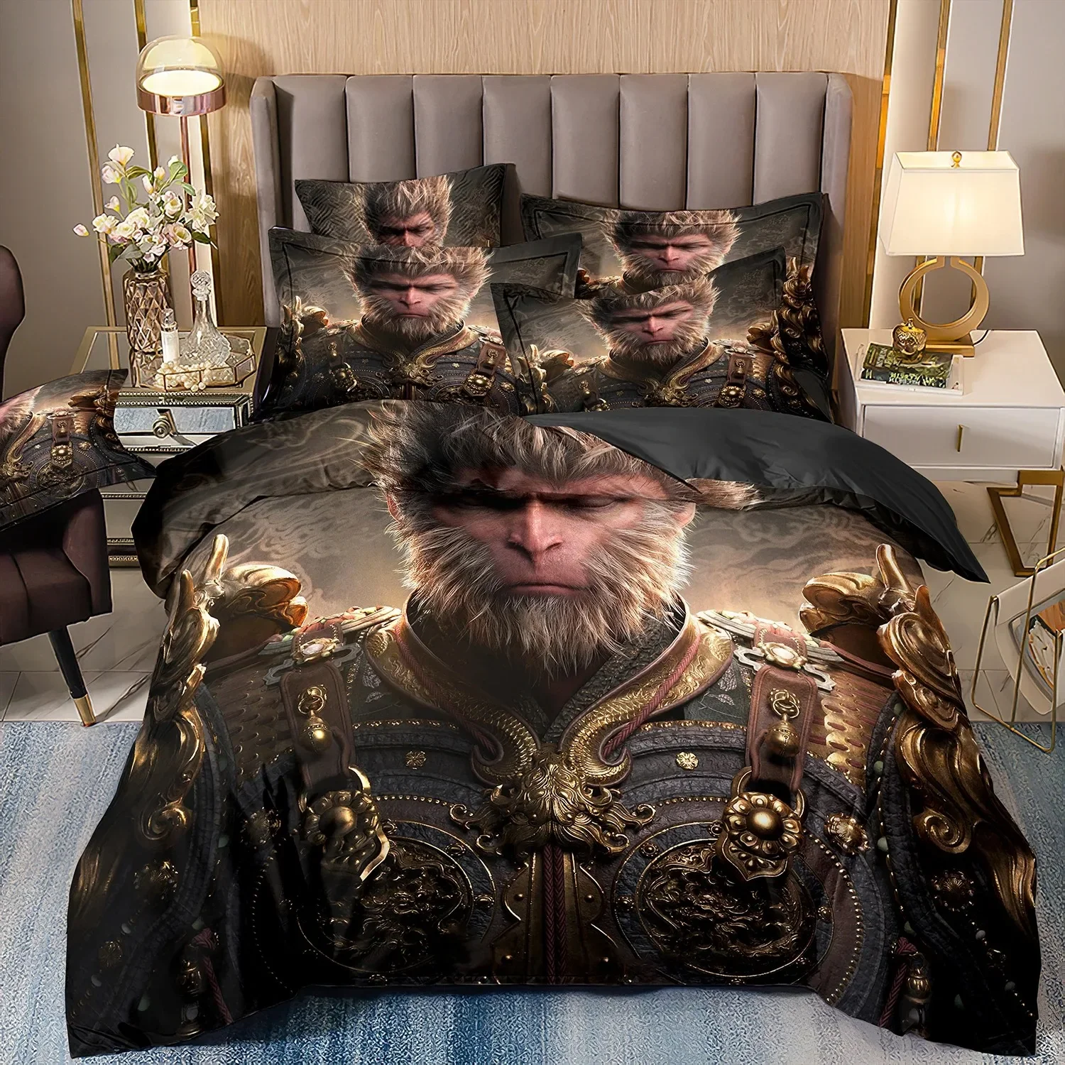 Game Characters Goku Bedding Set,Black Myth Wukong Bedding Set,Black 3D Printing Quilt Cover Pillowcase For children and adults