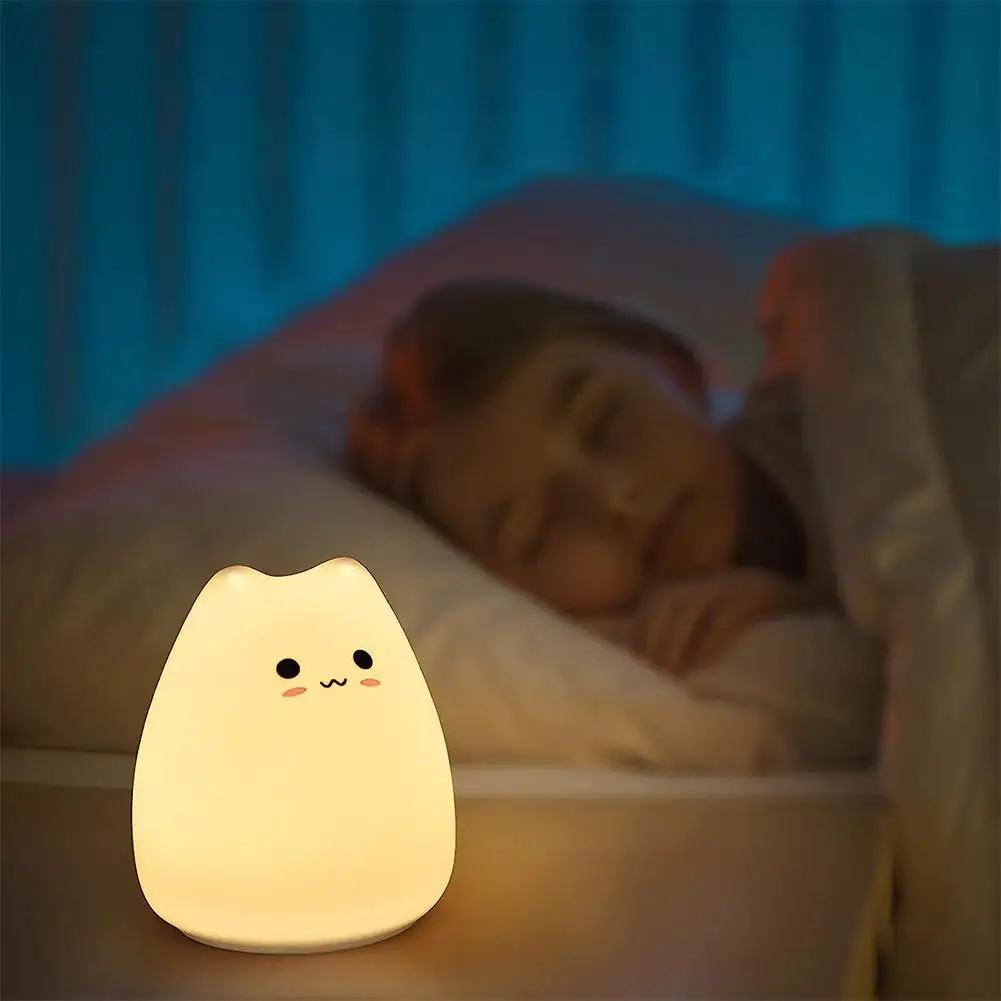 Led Nachtlampje Kinderen Kinderen Siliconen Touch Sensor Tafellamp 7 Kleuren Cartoon Cat Slapen Nachtlamp Huis Slaapkamer Decoratie