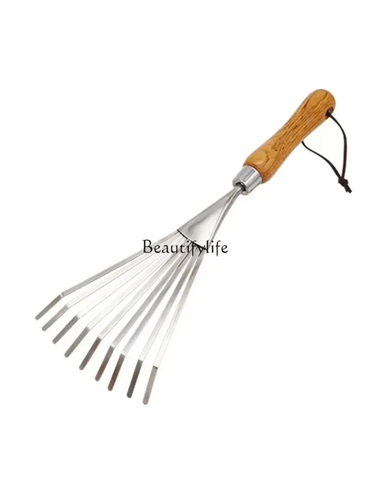 

Gardening Leaf Rake Stainless Steel Wooden Handle Household Hand-Held Gardening Tools