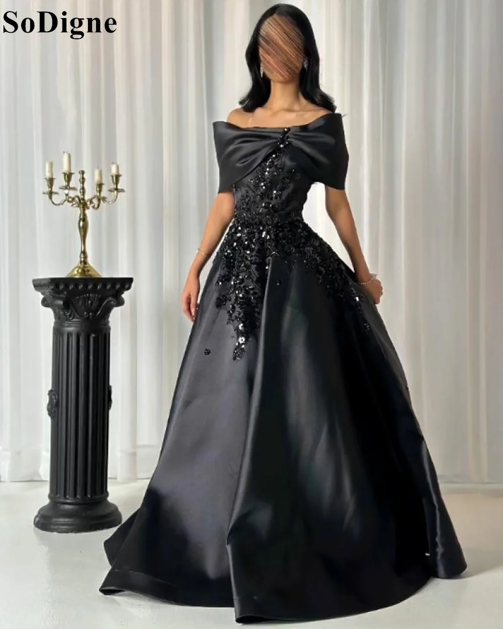 SoDigne Black A-Line Satin Evening Dresses Beading Appliques Off Shoulder 2024 Elegant Formal Occasion Party Prom Gown for Women