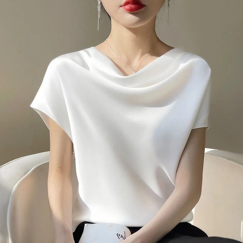 

Женская шифоновая блузка с коротким рукавом, свободного кроя, скрывающая живот, летняя новинка, элитная модель, с атласным воротником, из ацетатной ткани, модный топ