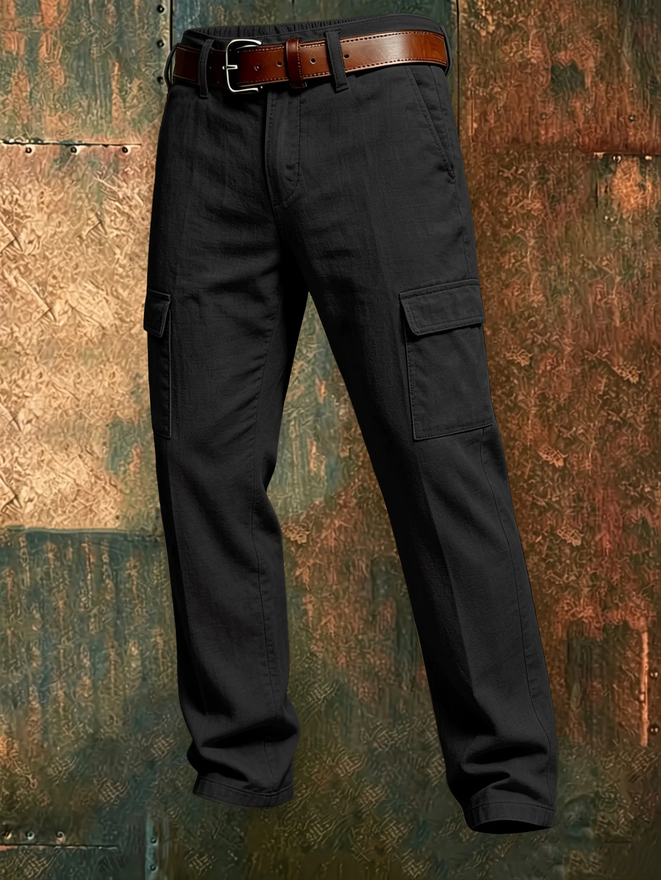 Men's Spring Autumn Cotton Linen Cargo Pants, European American Casual, Multi-Pocket Solid Color Loose Fit Work Trousers