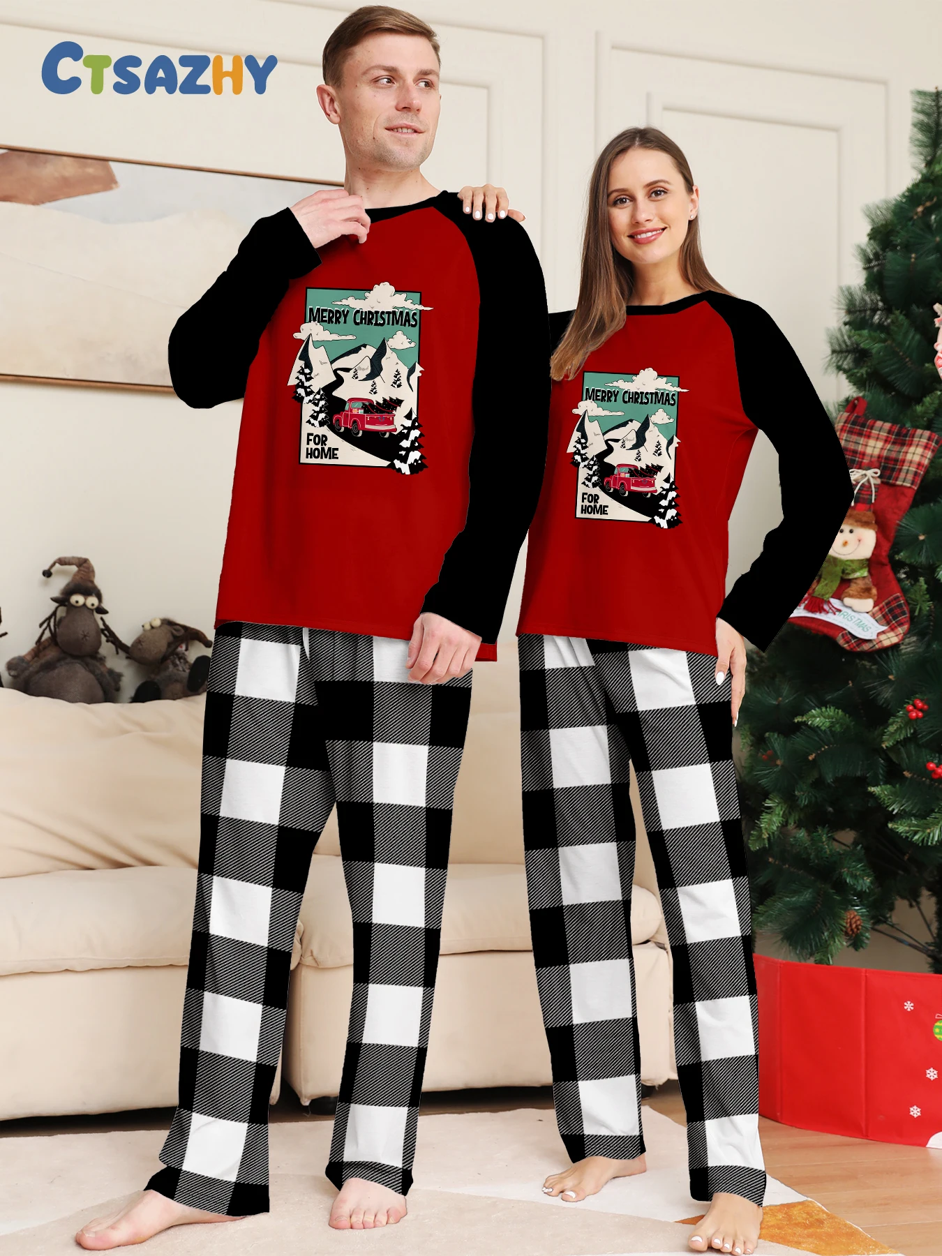 

Рождественский комплект пижамы для пар «ТОРЫЙ РОЖДЕСТВЕННЫЙ ДЛЯ ДОМА» Красная, черная и клетчатая пижама с рукавами реглан