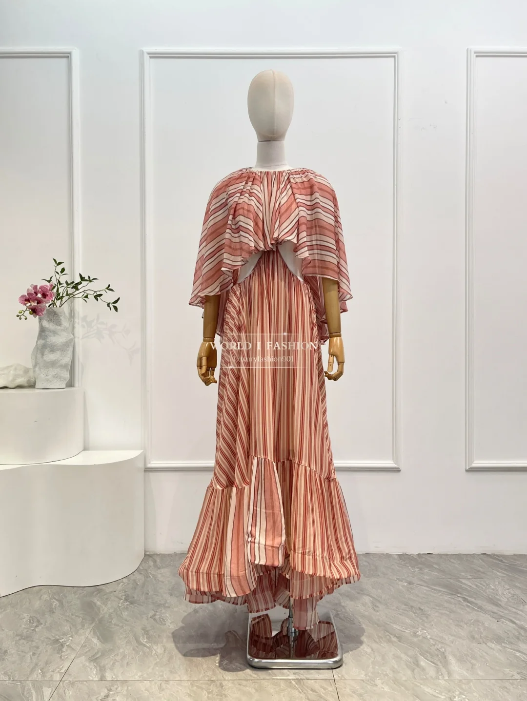 2025 elegante vermelho listrado impressão manga longa babados cintura oco ombros com corte capa estilo sobreposição sereia maxi vestido