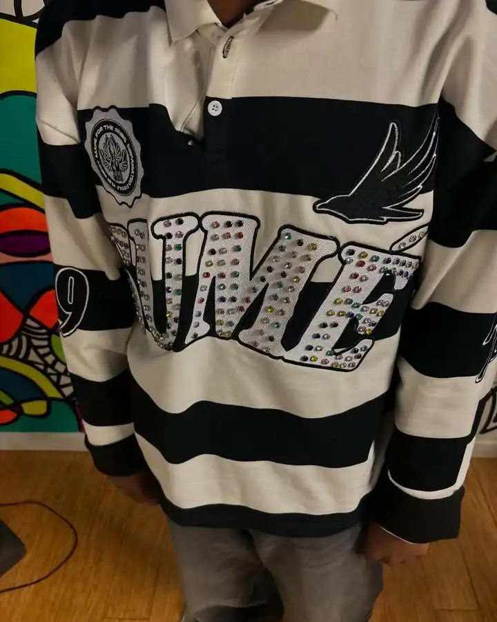 الأمريكية رجل ريترو قميص بولو التلبيب قميص Y2K البلوز الهيب هوب رسالة التطريز الترتر المتضخم قميص قطني بكم طويل بلايز