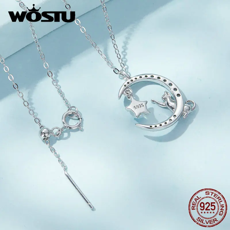 Cute Cat Moon Necklace with Crystal Zircons
