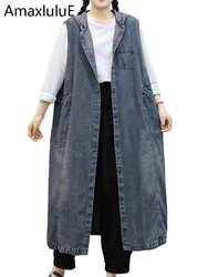 Max LuLu Autumn Long Sleeveless Clothes Womens Loose Fashion Hooded Denim Vest Coats Ladies Classic Leisure Vintage Waistcoats