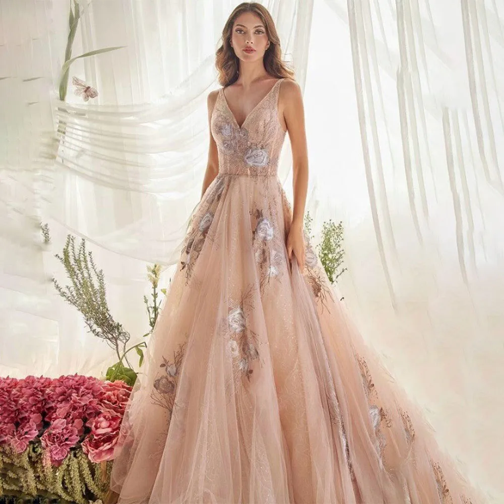 

High Quality Customized V-neck Floor Length Sleeveless Appliques Tulle Robes De Soirée Evening Dresses فساتين حفلات Women שמלות