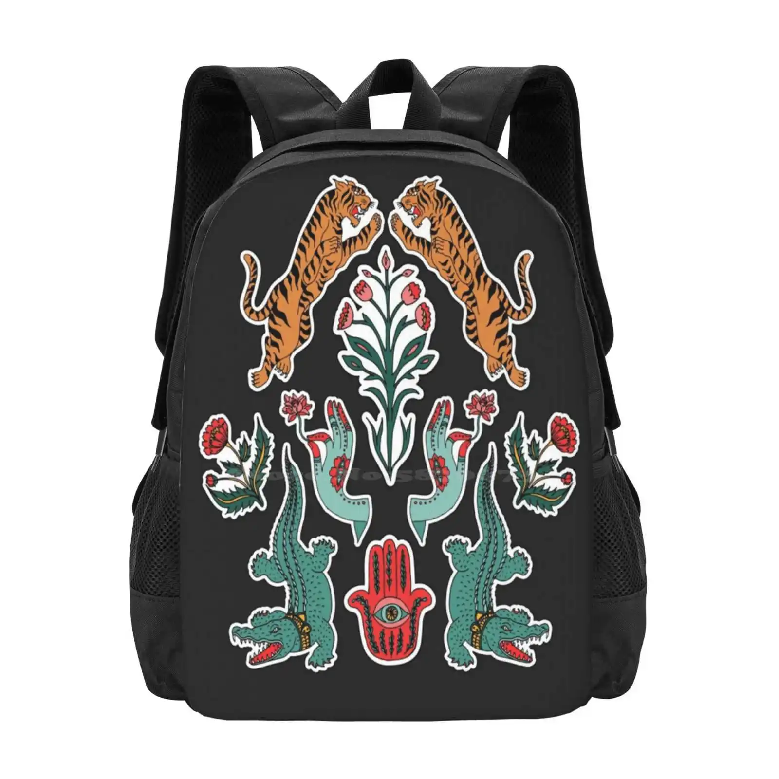 Indian Inspiration Pattern Design Bagpack School Bags Indian Tiger Boho Alligator Ethnic Flower Lamp Snake Yoga Patch Hand Hamsa