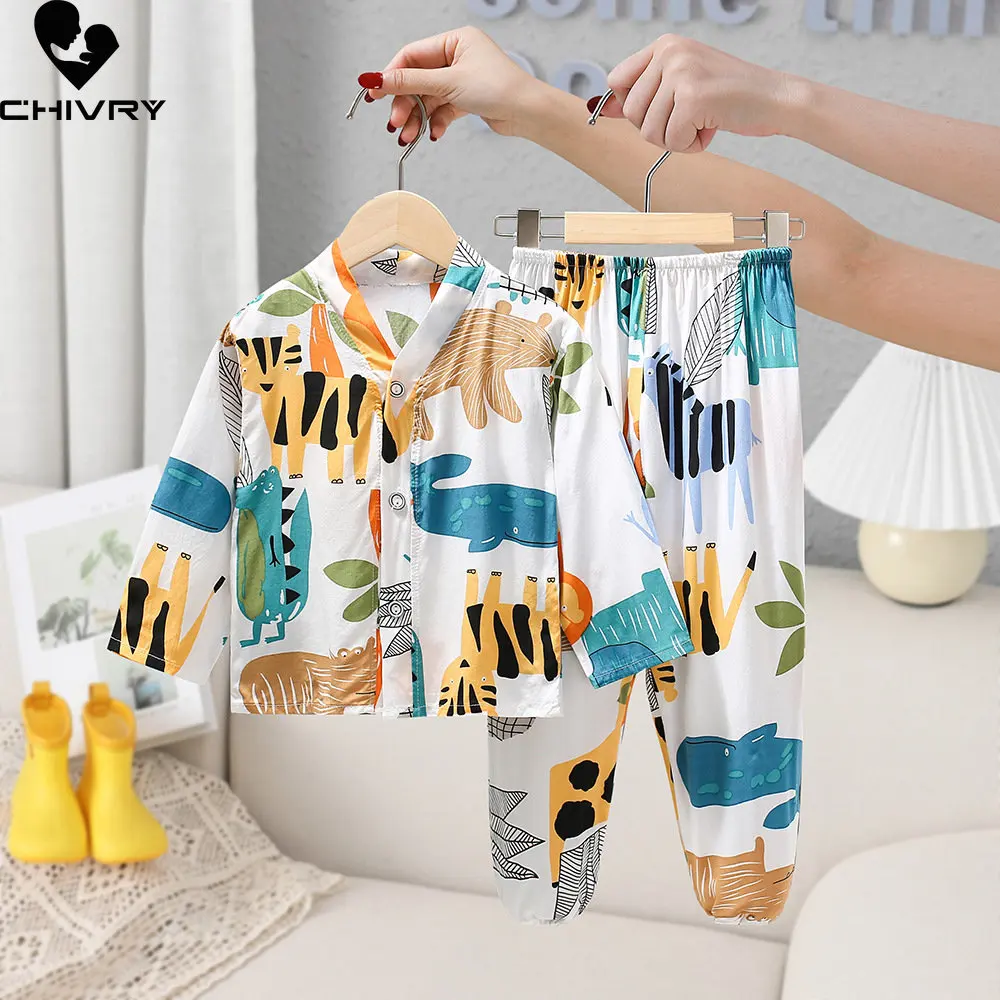 New 2023 Kids Boys Girls Pajamas Fashion Cartoon Print Long Sleeve Shirt Tops with Pants Baby Summer Casual Sleepwear Homewear