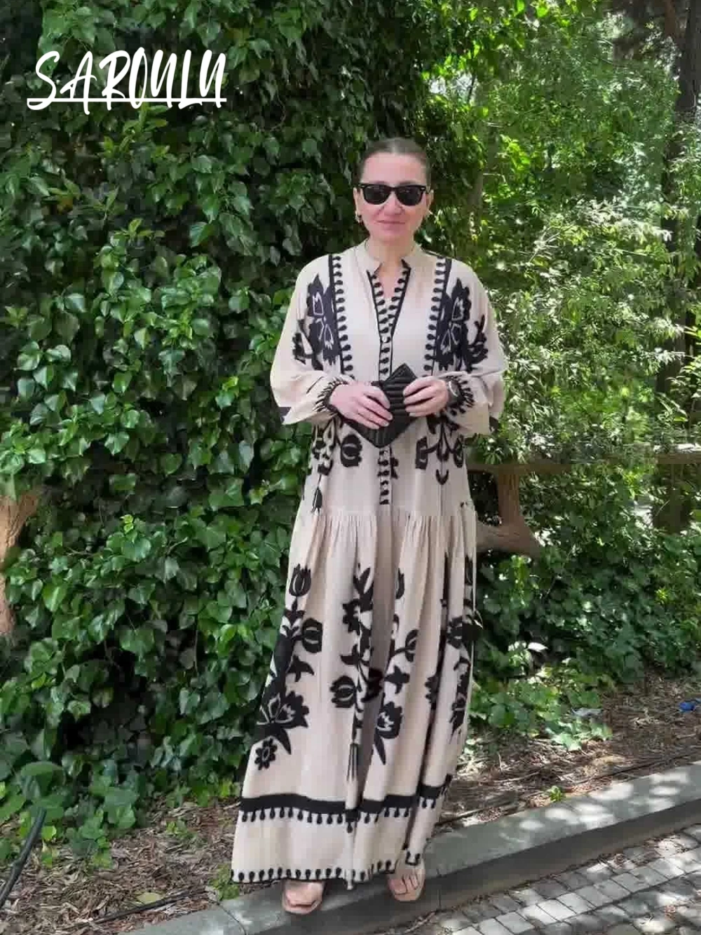 

Casual Muslim Loose Patterned Dress For Party Vintage Spring Summer Fashionable A Line Evening Gown Kaftan Fast Shipping