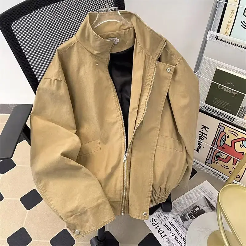 

Retro Pilot Zipper Double ket Jaet Men's Slim Fit Casual Workwear Sle Collar Spring Autumn Season Polyester Fiber