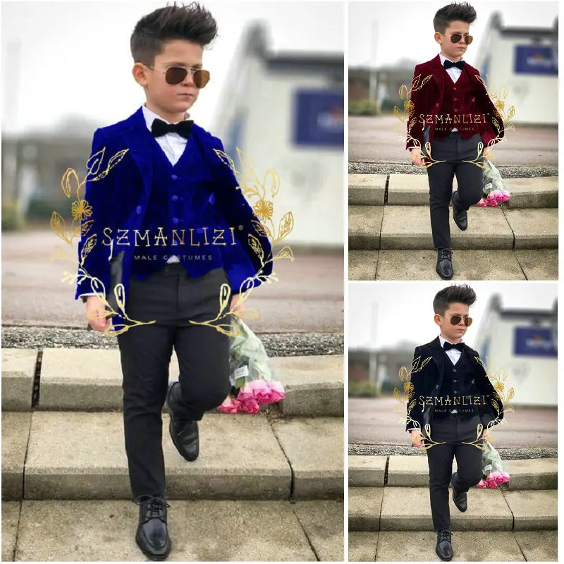 

Royal Blue Velvet Boys Jackets For Wedding Clothing Kids Birthday Party Formal Outfits Ring Bearer Attire Blazer Vest Pants