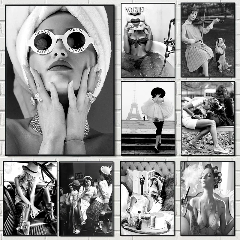 Classic Parisian Women Black And White Fashion Feminist Photography Poster Canvas Paintings Wall Art Pictures Home Decor