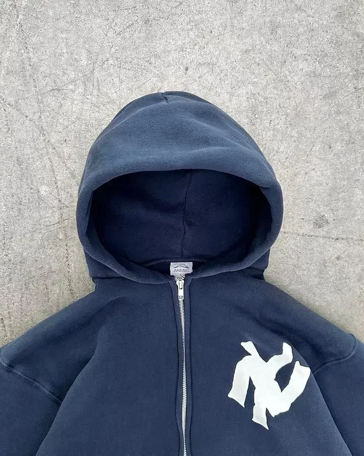 Harajuku Blue Fashion Letter Pattern Printed Hooded Sweatshirt Men And Women Trend Hip-Hop Casual Loose Y2K Zipper Sweatshirt