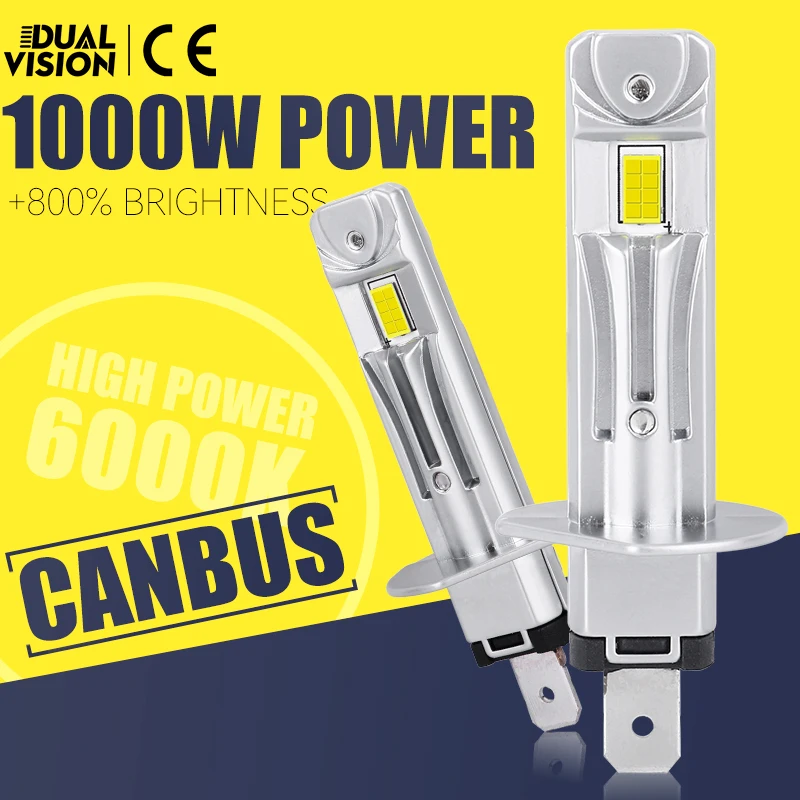 

1000W 2PCS H1 LED Headlights Canbus EMC 1:1 Turbo Mini Lamps 16PCS 7035 CSP STG High Low Beam Fanless No Fan Fog Light 12V 6000K