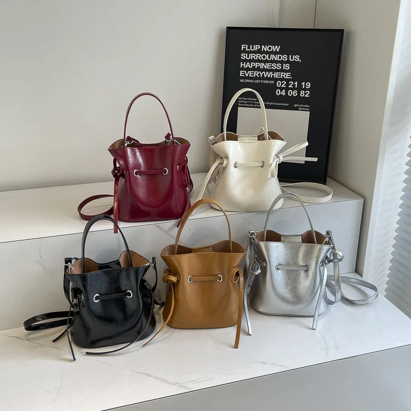 LEFTSIDE Mini PU Leather Drawstring Crossbody Bags For Women 2024 Fashion Female Bucket Bag Lady Shoulder Bag Silver Handbags