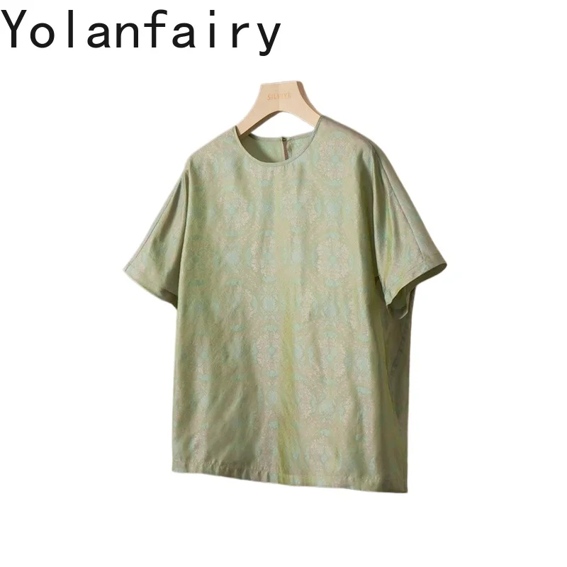 YOLANFAIRY 100%Natural Mulberry Silk T Shirts Woman Clothing Short Sleeve Tshirt Fashion Summer Elegant Green Womens Tops Casual