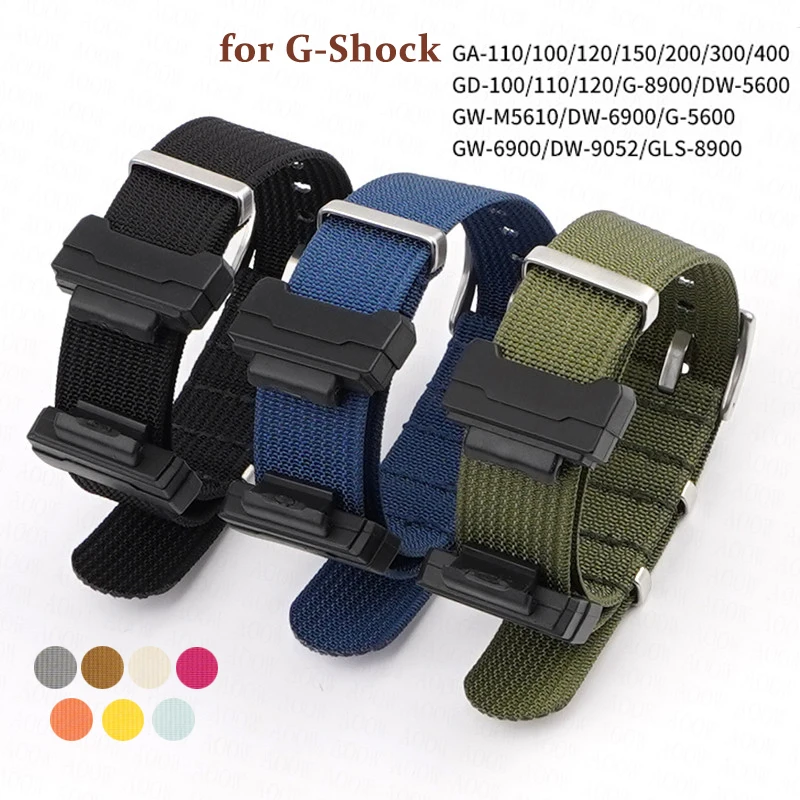 For Casio G-Shock GA-110/120/400/700/800 GD-100 GA-2100 DW-5600 6900 GW-M5610 Nylon Canvas Watch Strap Band and TPU Adapter