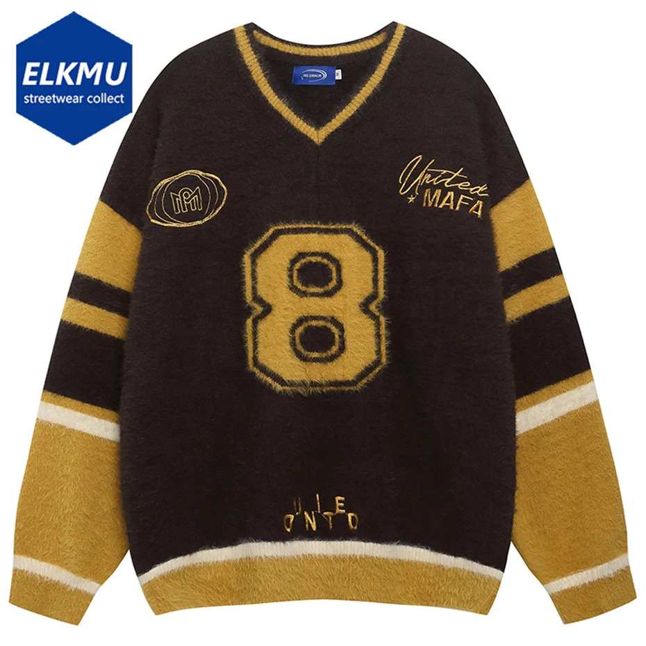 

Винтажные мужские свитера большого размера с v-образным вырезом, свободные повседневные свитера, вязаные джемперы, уличная одежда, свитера в стиле Харадзюку в стиле хип-хоп, трикотаж