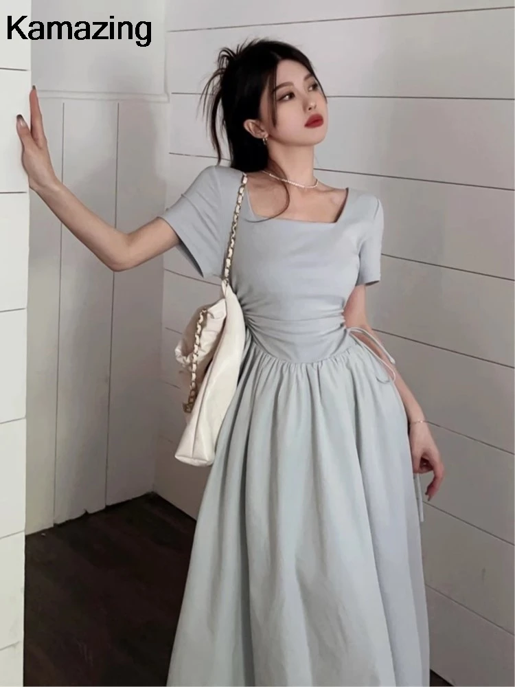 New Elegant Summer Short Sleeve Vacation Dress for Women Square Neck Casual Solid Party Dresses Korean Chic Slim A-line Vestidos