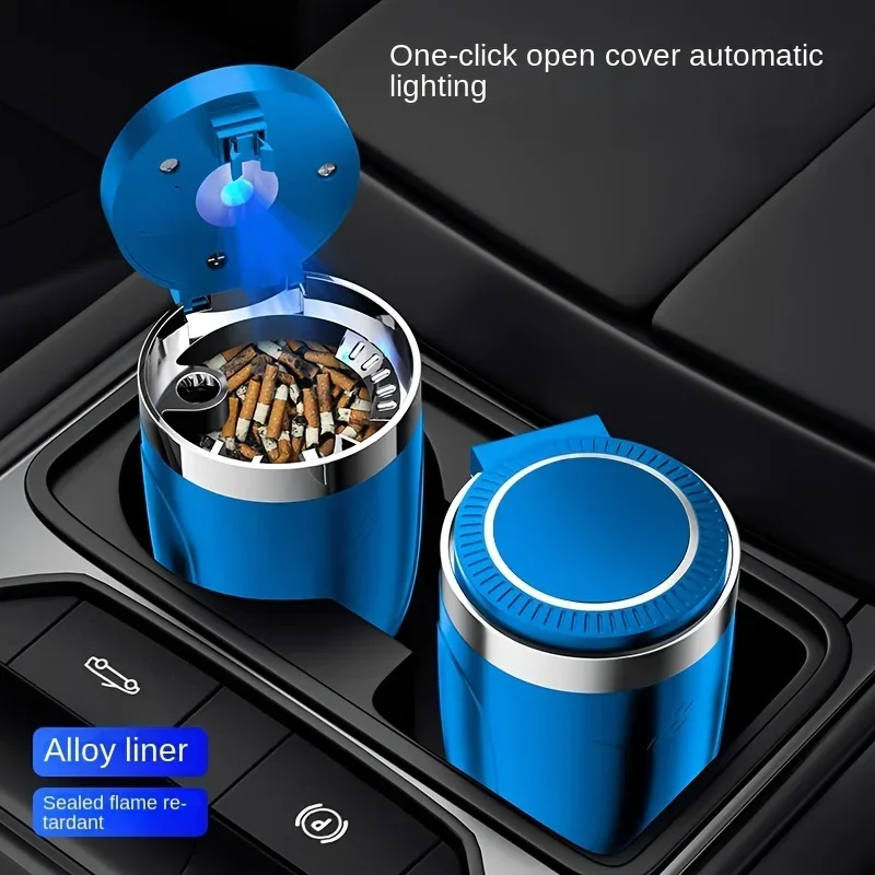 Car Ashtray with Lid Smell Proof Stainless Steel Blue Led Portable Ashtray Cup for Auto Fireproof Shell One Touch Open