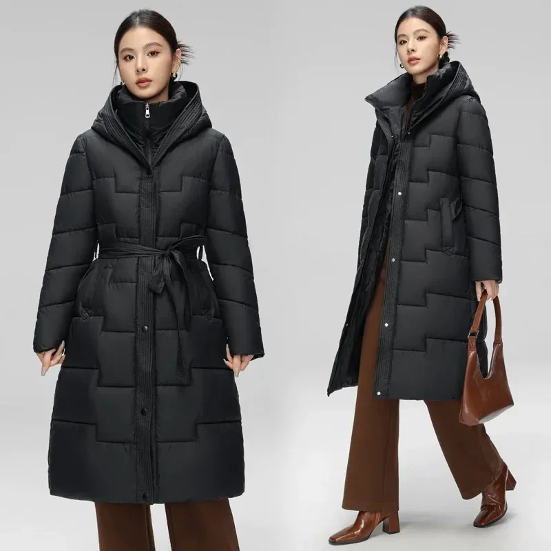 Lange Winter-Daunen-Baumwolljacke für Frauen, Wintermantel, Jacke, warme Daunen-Baumwollparkas, 2025, neuer weiblicher, schlanker Damen-Kapuzenmantel