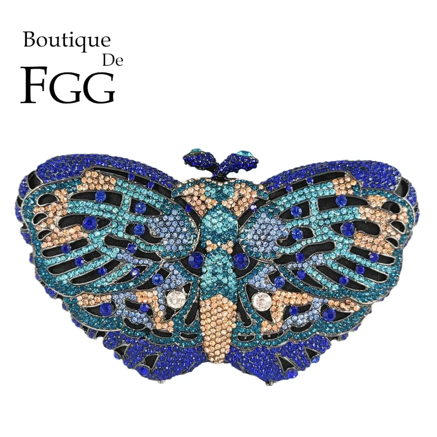 

Boutique De FGG Women Blue Evening Bags and Clutches Formal Party Dinner Butterfly Crystal Clutch Wedding Minaudiere Purse