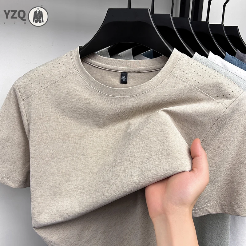 Premium Heather-Strick-T-Shirt für Herren, Rundhalsausschnitt, Raglanärmel, perforierte Schulterpartie, elastisch, knitterfrei, für Walking, Fitness, Alltag.