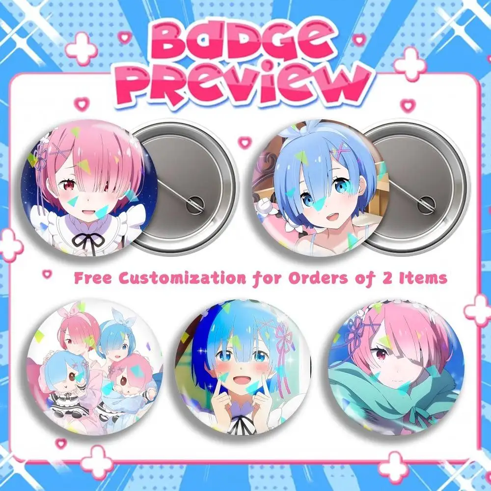 Rem Ram Anime R-RE-ZERO Round Brooch Pins, Personalized Badges With Broken Glass Design Fashion Accessory