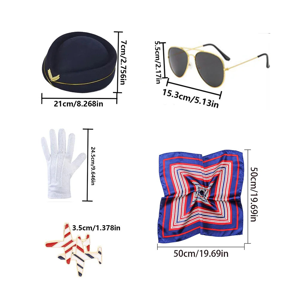 ชุดเครื่องแต่งกายแอร์โฮสเตสสไตล์วินเทจสุดหรู - ชุดแต่งกายสายการบินสุดคลาสสิกพร้อมหมวก ผ้าพันคอ แว่นกันแดด และถุงมือ