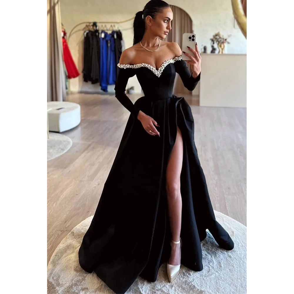 

Sexy High Side Slit A-Line Evening Dress V-Neck Off the Shoulder Long Sleeves Pearls and Beading Women Banquet Custom Gowns