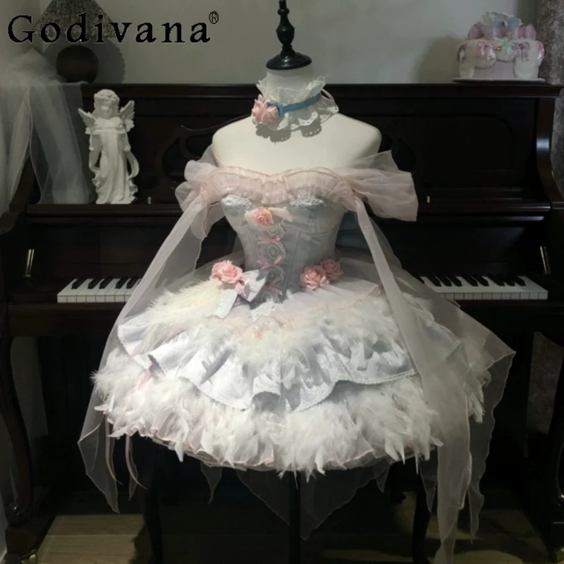 

Women's Sweet Elegant Slim-Fit Lolita Style Dresses Rose Feather Lace Stitching Ball Gown Girls Sweet Elegant Evening Dress