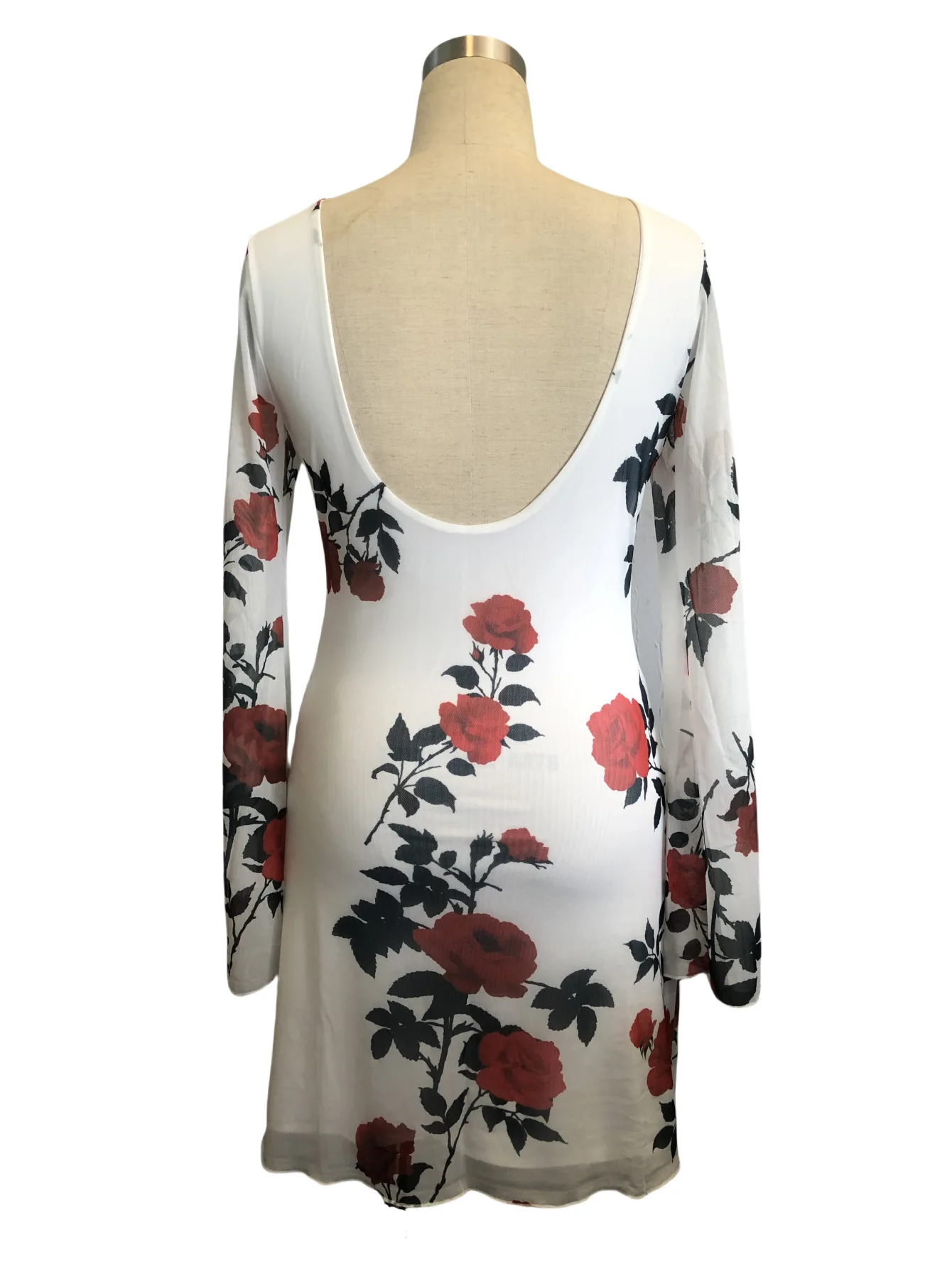 2025 Spring Summer Backless Mesh Mini Dress Women Fashion Elegant Sexy Slim Flower Printed Chic Flared Sleeve Sleeves Vestidos