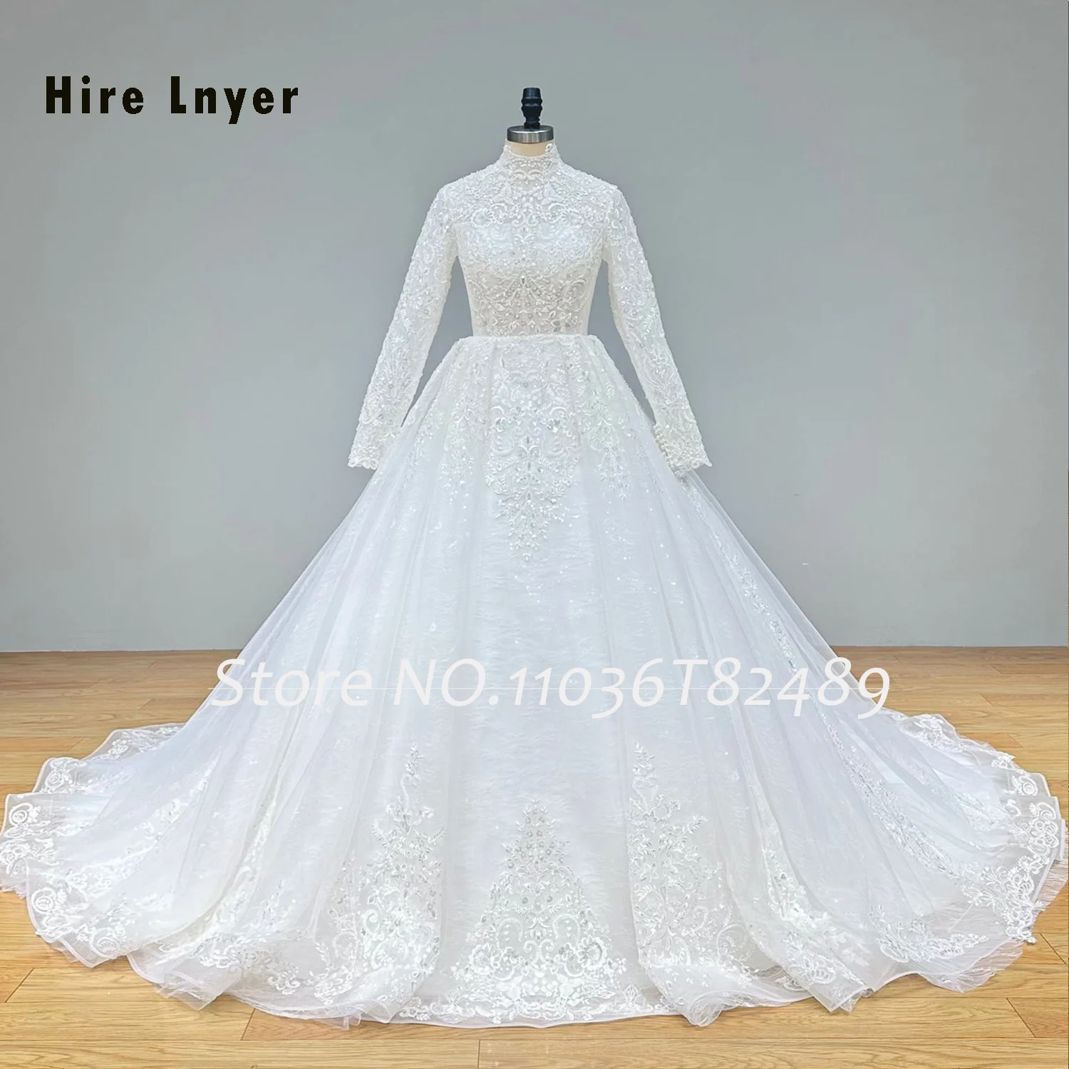 Hire Lnyer High Neck Long Sleeve Shiny Beads Pearls Sequins Princess A-Line Wedding Dresses Real Office Photos Video