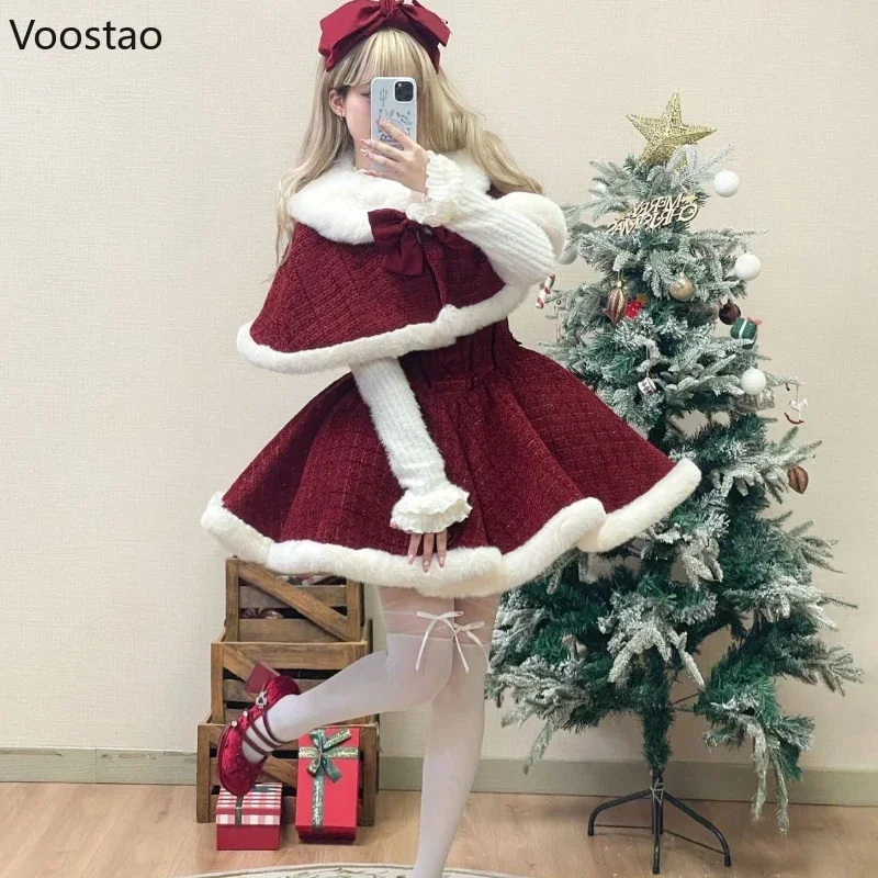 Sweet Lolita Style Dress Sets Women Elegant Bow Plush Shawl Short Jackets Mini Skirts Suit Kawaii Christmas New Year 3 Piece Set