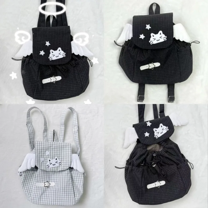 

Embroidery Cat Backpacks Back To School Grid Y2K Star Wing Backpacks Versatile Symbol Drawstring Rope Large Capacity Backpacks
