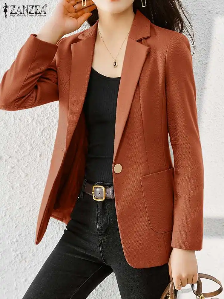 2023 ZANZEA Women Elegant OL Work Blazer Autumn Lapel Neck Long Sleeve Jackets Fashion Solid Suits Coats Female Office Outwear