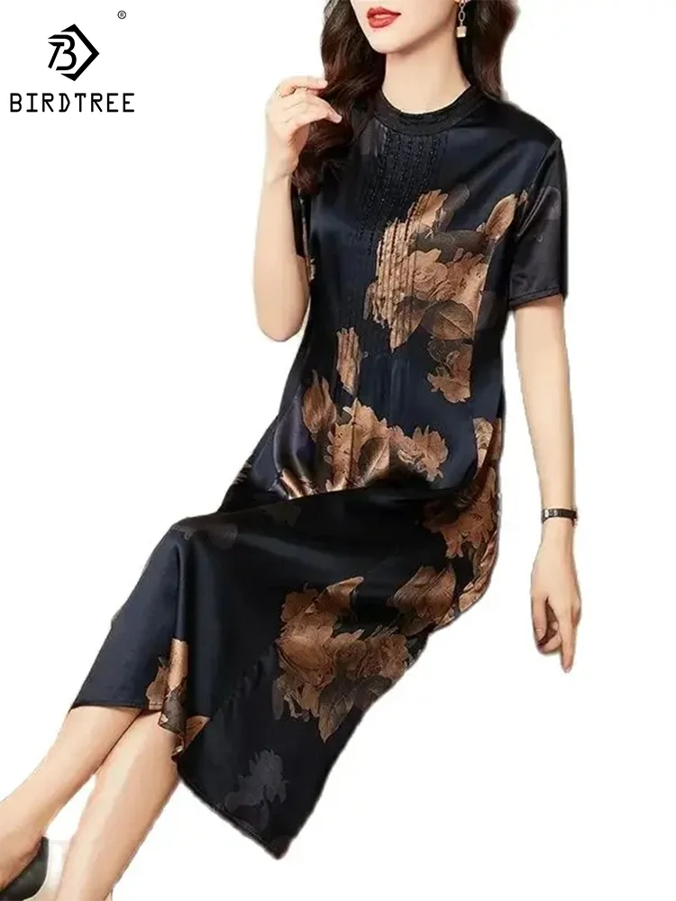 BirdTree 91.7% Mulberry Silk Women Dresses, Flower Print Short Sleeve, Loose Elegant Satin Dress, 2024 Spring Summer D42249QM