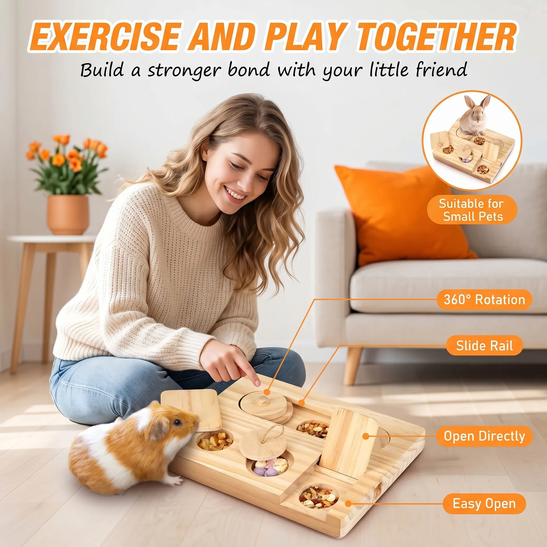 Interactive Wooden Foraging Puzzle Toy Small Pet Hide Snack Training Enrichment Toy DIY Feeder for Hamster Rabbit Guinea Pig
