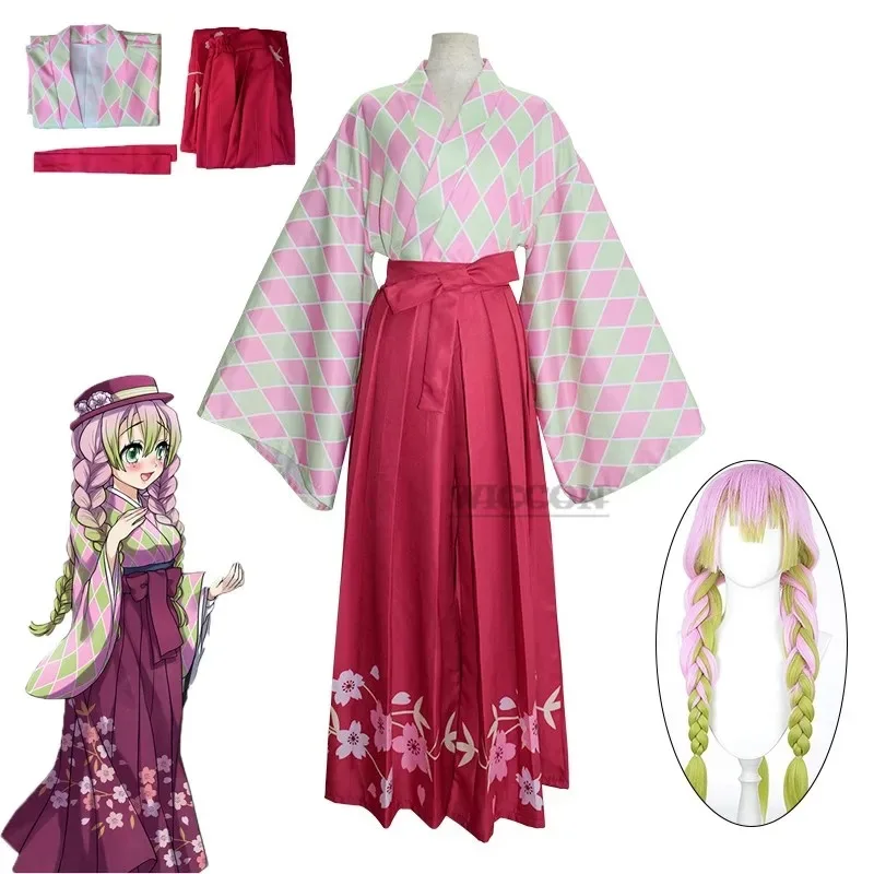 Disfraz de Kanroji Mitsuri, uniforme de demonio de Anime, falda tipo kimono, traje Kimetsu Halloween Taisho, ropa de Cosplay del período de Japón