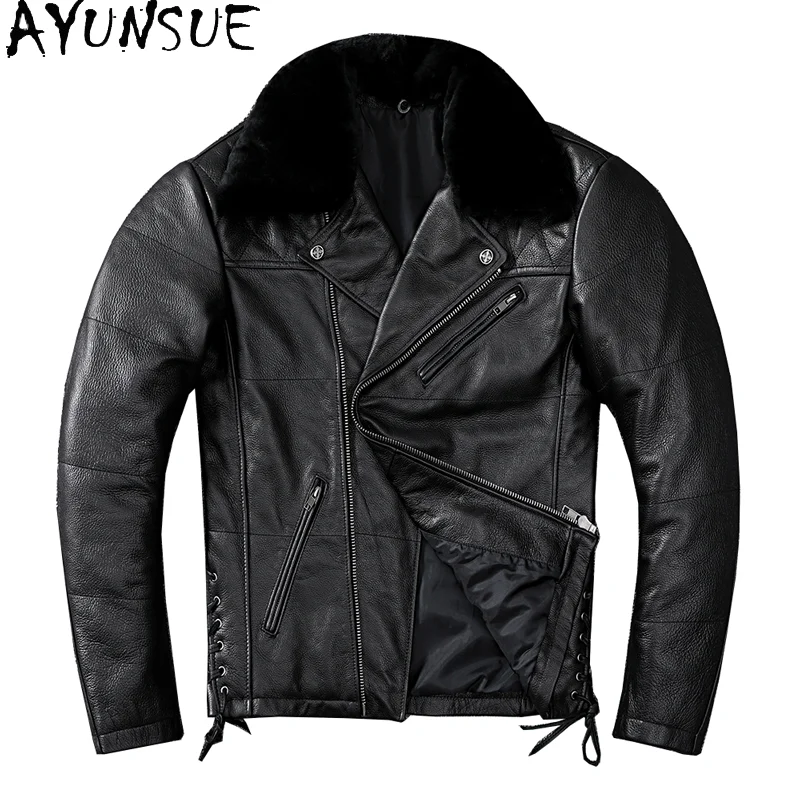 

AYUNSUE Genuine Top Layer Cowhide Leather Jacket Men Autumn Winter Real Leather Coat Motorcycle Biker Jackets Vintage Outerwear