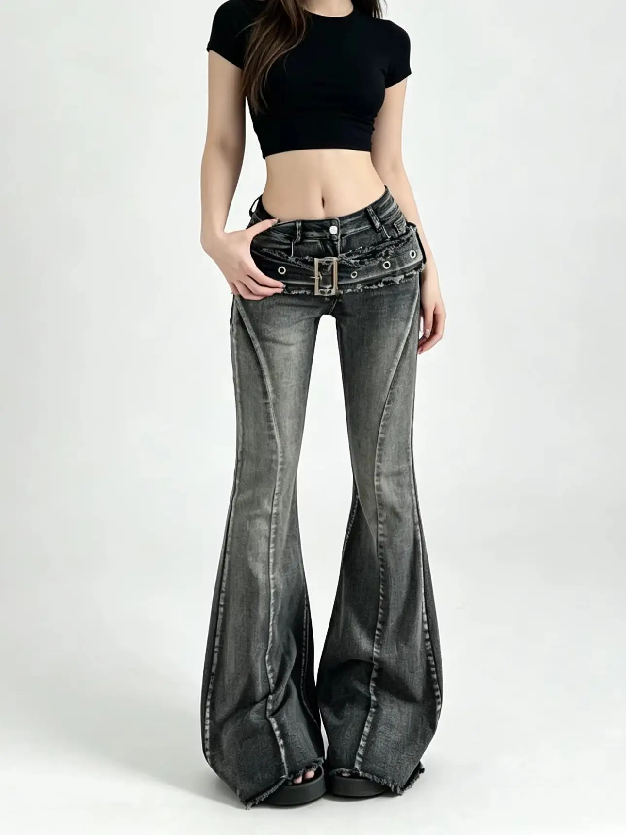 

Women's Black Cargo Denim Jeans Y2K Harajuku High Street Fashion 2000S Casual Retro Denim Long Pants Streetwear Clothing New