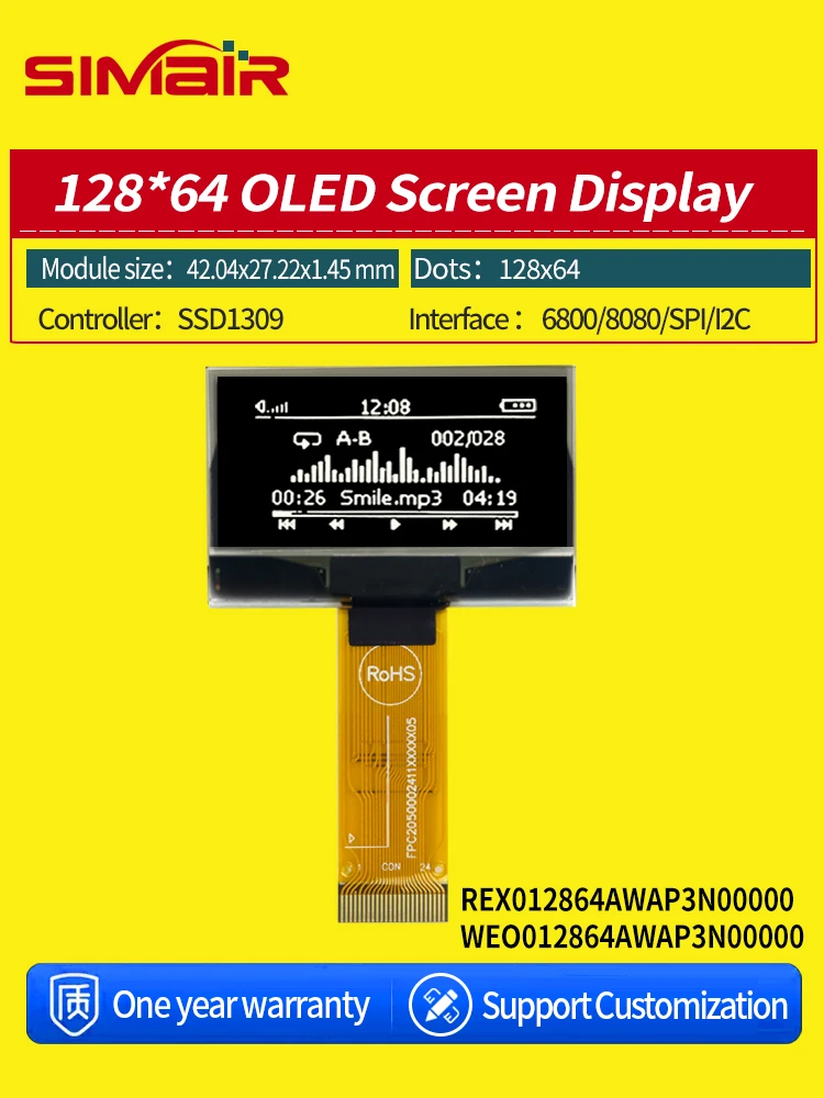 Winstar WEO012864A REX012864A 24PIN SSD1309 COG Graphic SSD1309 3V 128x64 OLED Display 1.54 Inch 1.54” 6800/8080/SPI/I2C