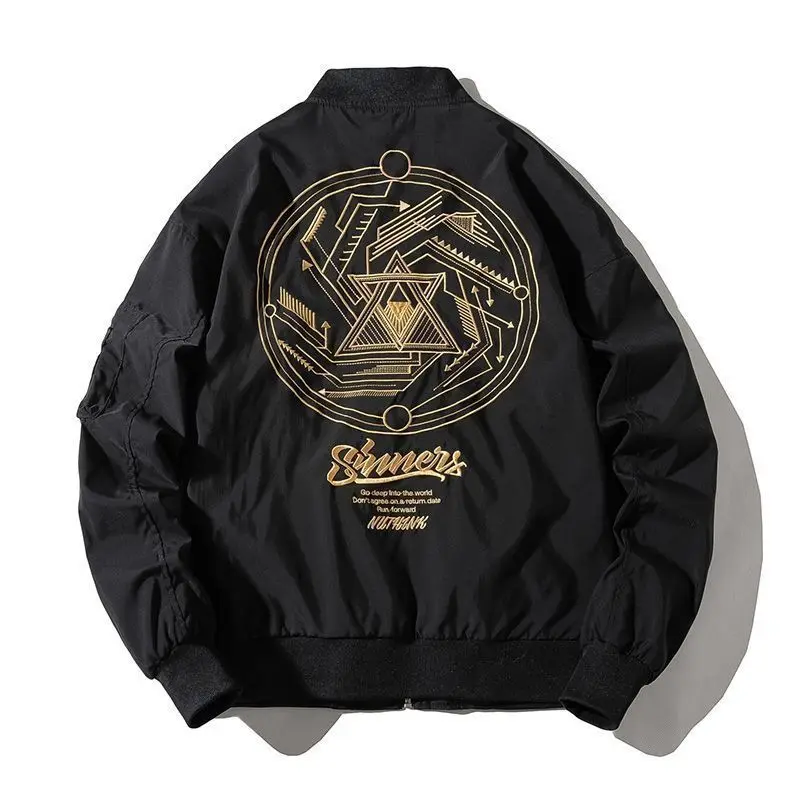 Retro Pattern Fleece Lined Jacket Men's Casual Loose Baseball Print Outerwear Polyester Youth Trend Spring Autumn Winter