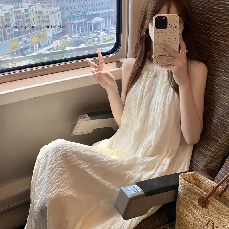 Holiday Style Hanging Neck Dress for Women Loose and Flowing Fairy Dress Careful Machine Off Shoulder Long Dress